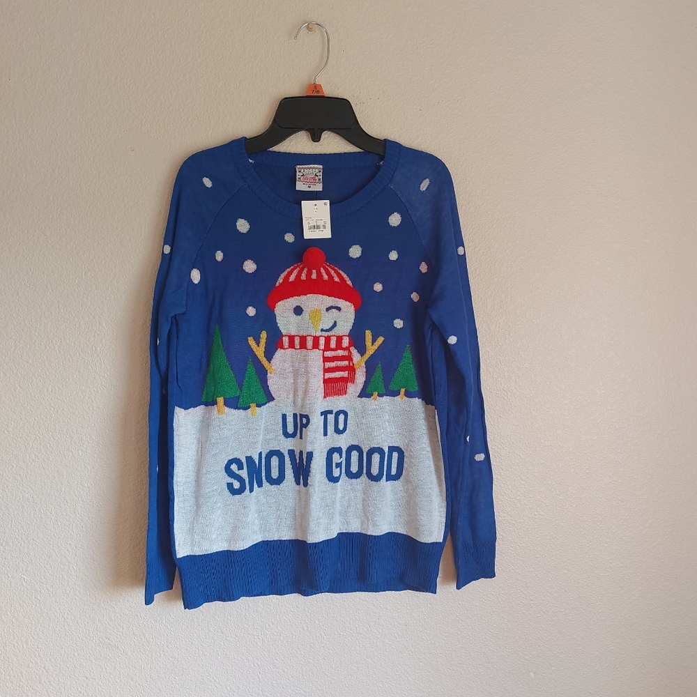 NWT Ugly Christmas Sweater Size Medium Juniors Snowman Themed Blue White